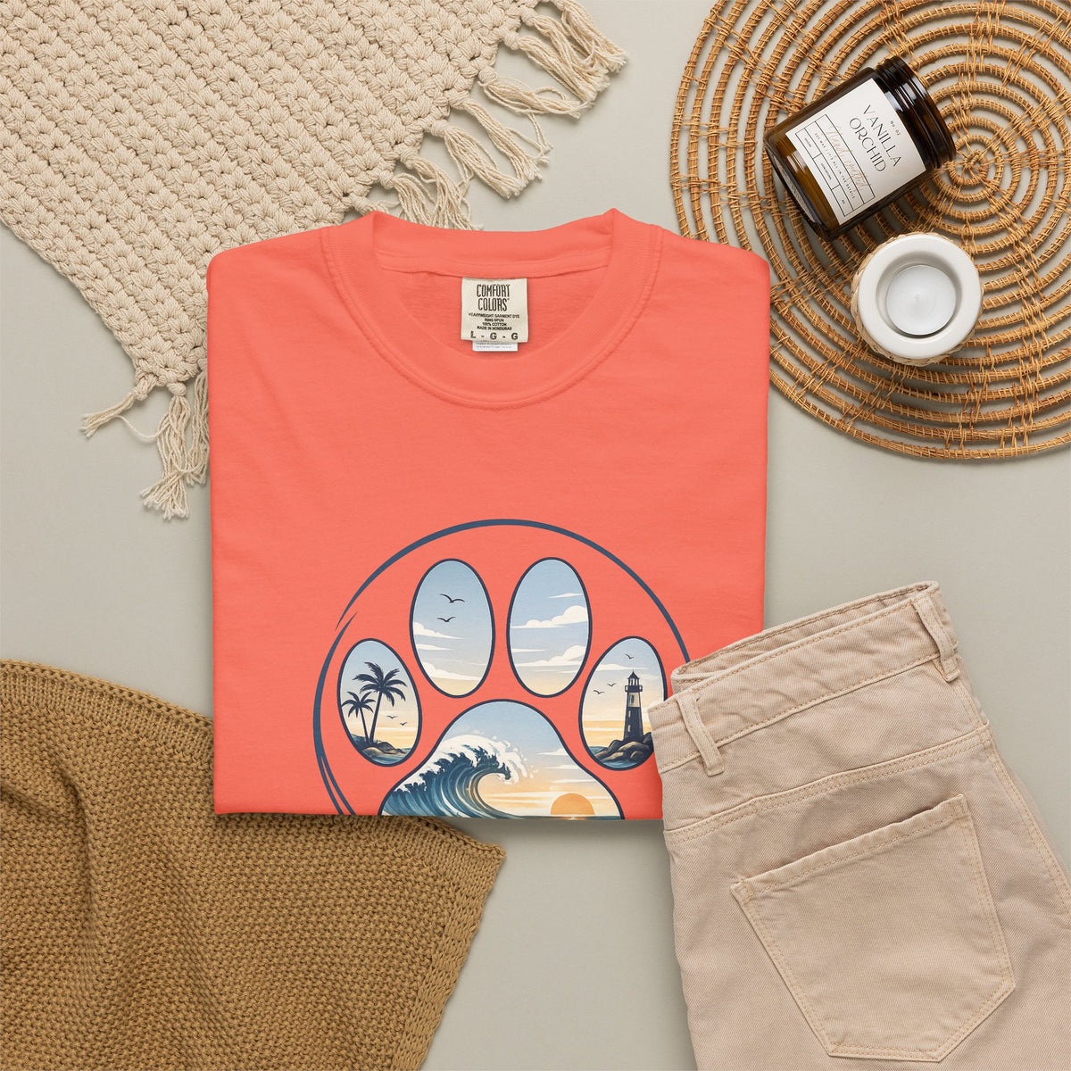 Ocean Paw Surf T-Shirt — Beach Sunset Paw Print Tee