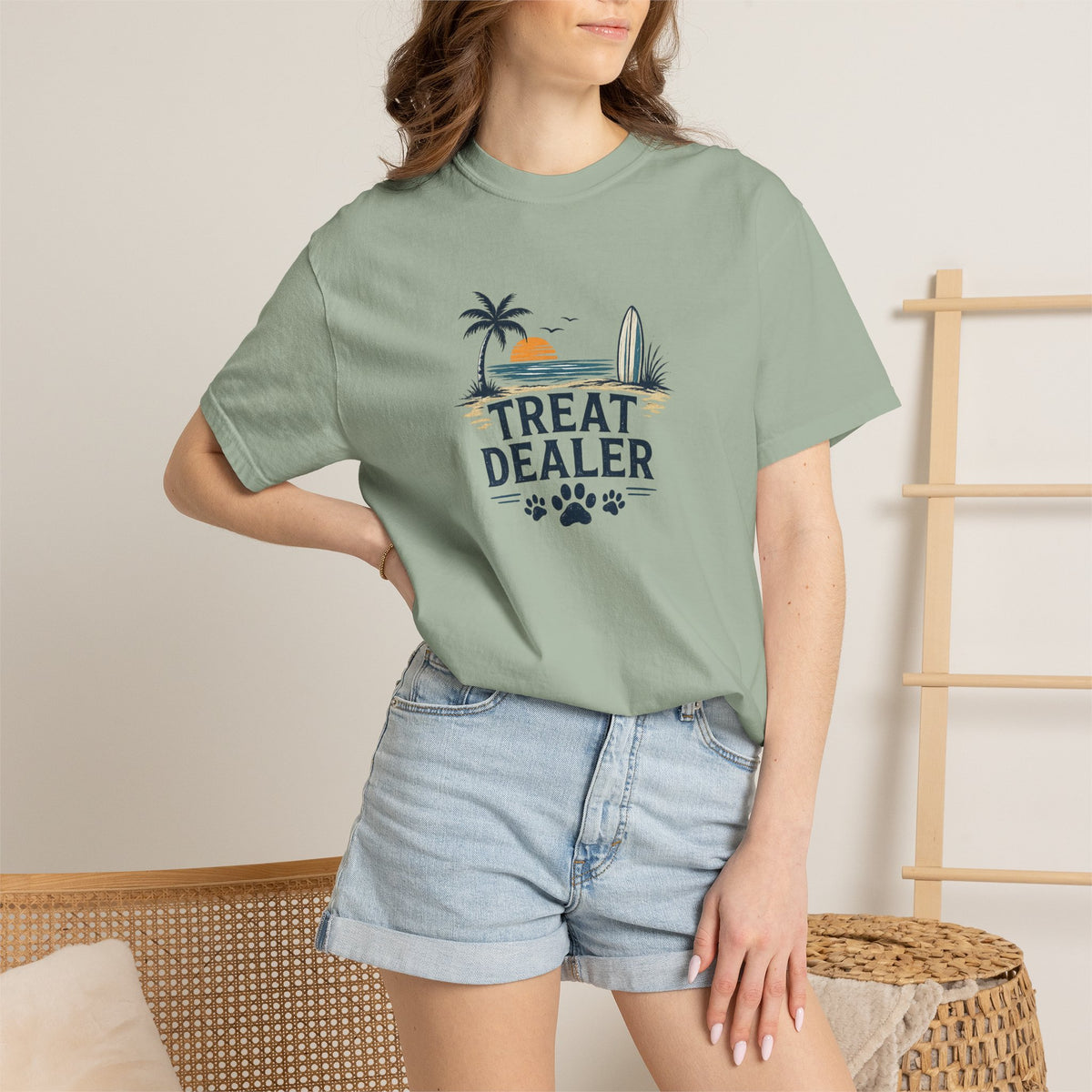 Treat Dealer Beach T-Shirt — Cute Dog Paw Surf Graphic
