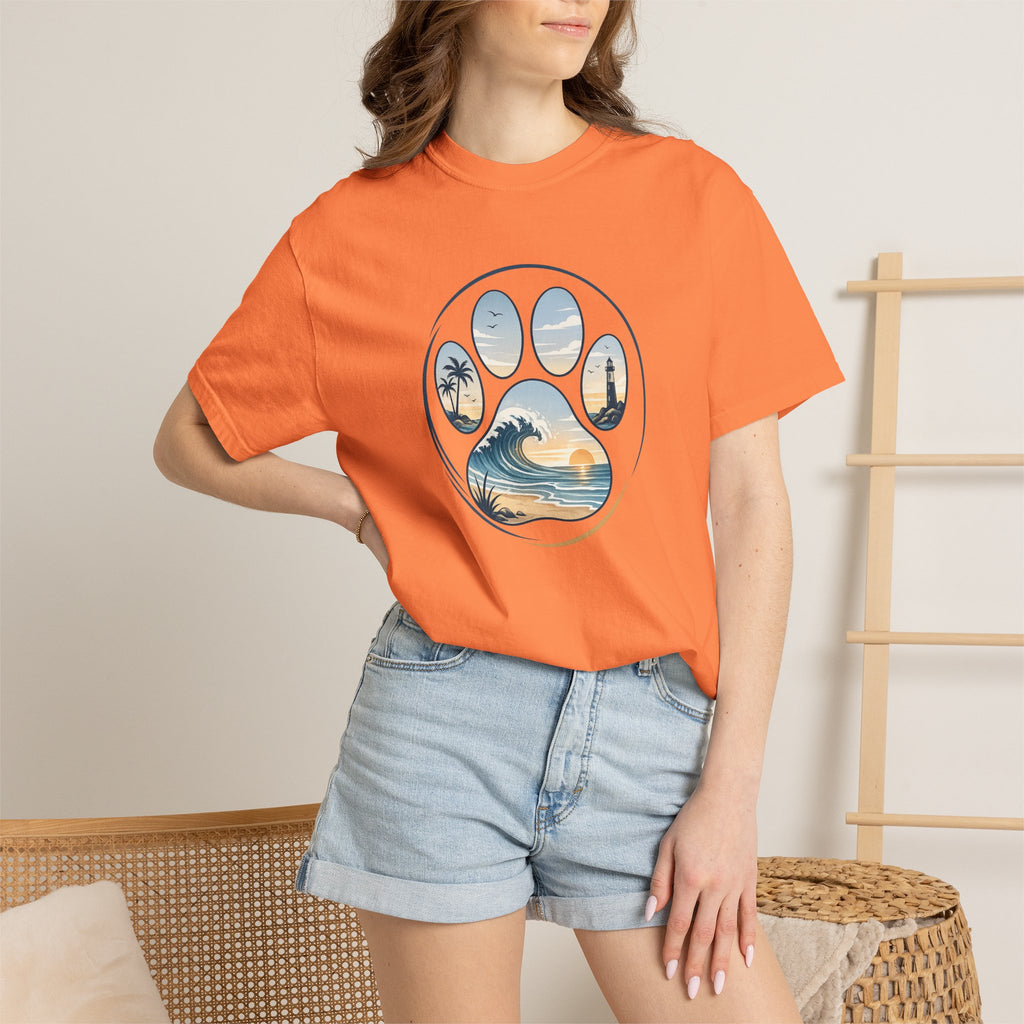 Ocean Paw Surf T-Shirt — Beach Sunset Paw Print Tee