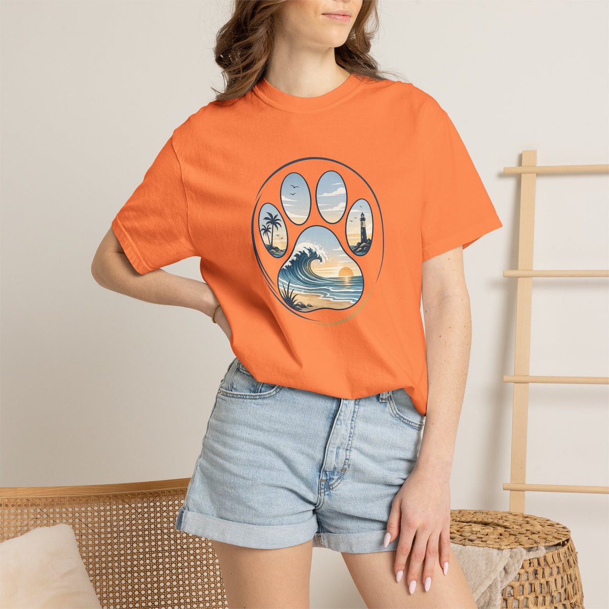 Ocean Paw Surf T-Shirt — Beach Sunset Paw Print Tee