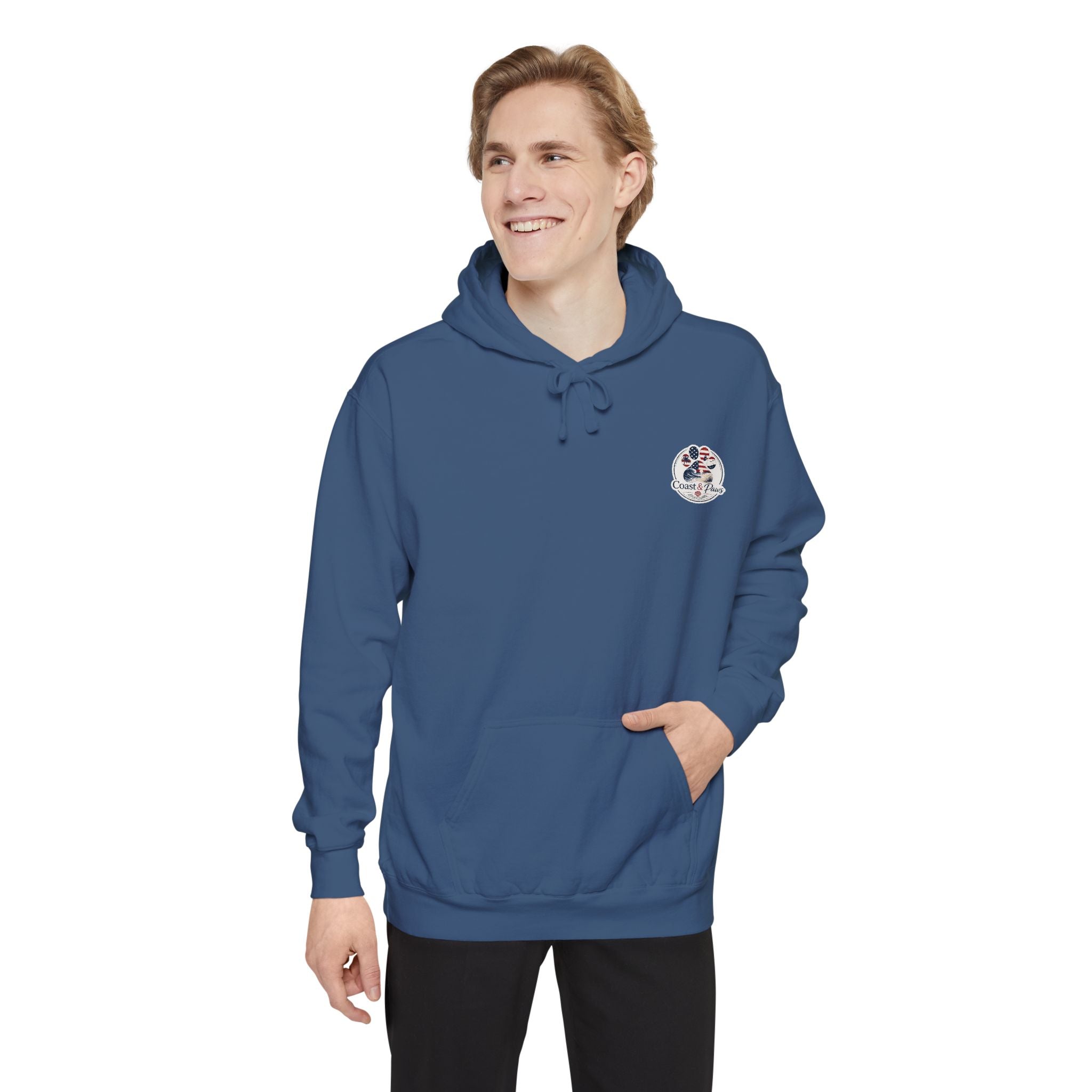 Patriotic Signature Coast & Paws Hoodie — Small Left-Chest Graphic, Cozy Casual Pullover