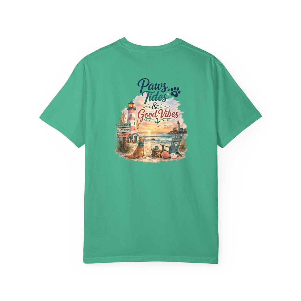 Paws Tides & Good Vibes T-Shirt | Beach Dog Paw Print Coastal Scene