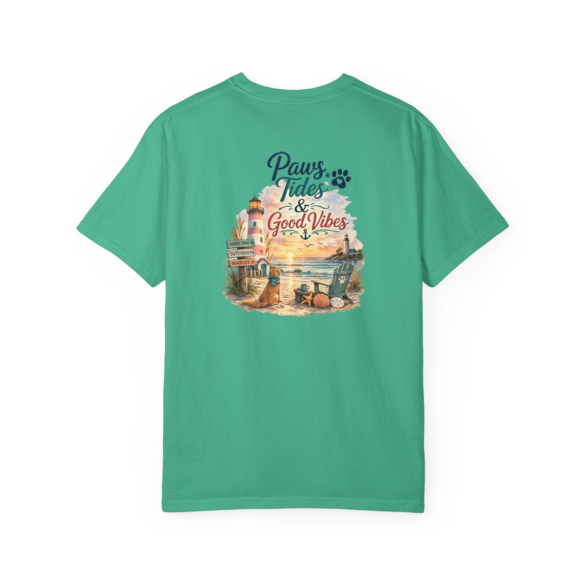 Paws Tides & Good Vibes T-Shirt | Beach Dog Paw Print Coastal Scene