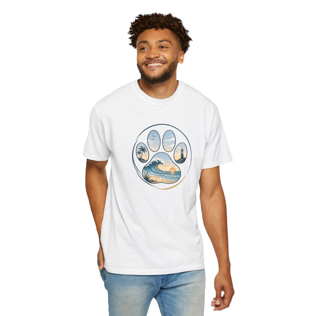 Ocean Paw Surf T-Shirt — Beach Sunset Paw Print Tee