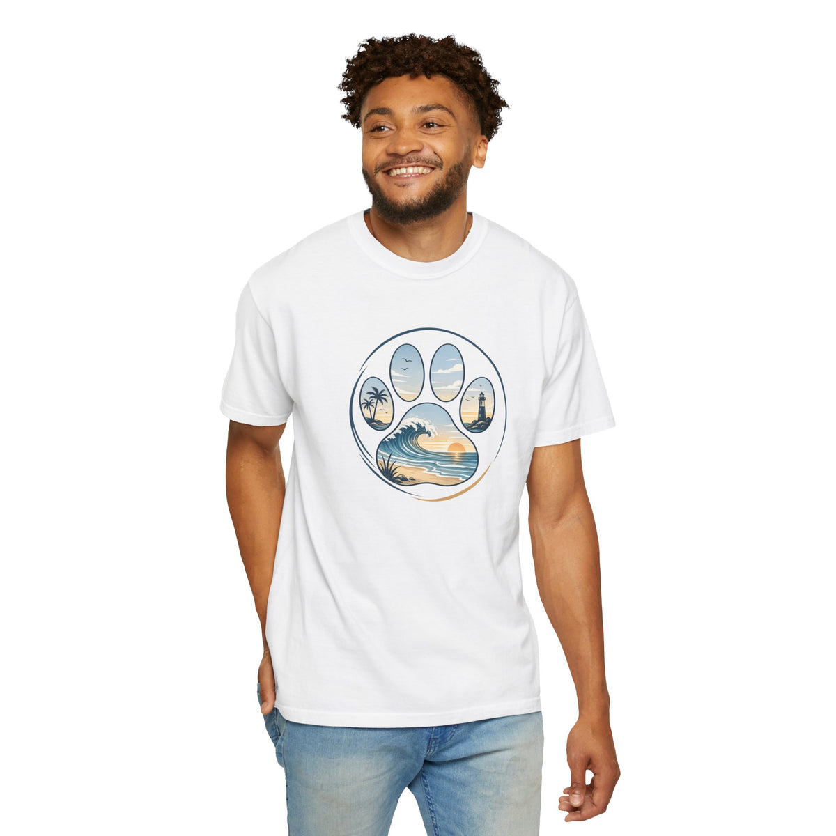 Ocean Paw Surf T-Shirt — Beach Sunset Paw Print Tee