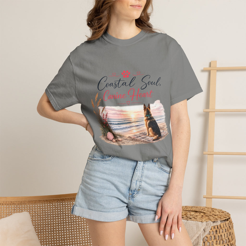Coastal Soul Canine Heart T-shirt | Beach Dog Sunset Design