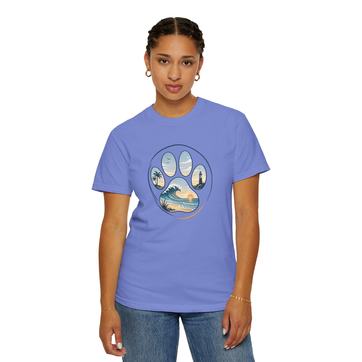 Ocean Paw Surf T-Shirt — Beach Sunset Paw Print Tee