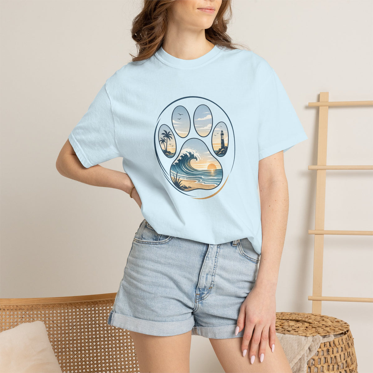 Ocean Paw Surf T-Shirt — Beach Sunset Paw Print Tee