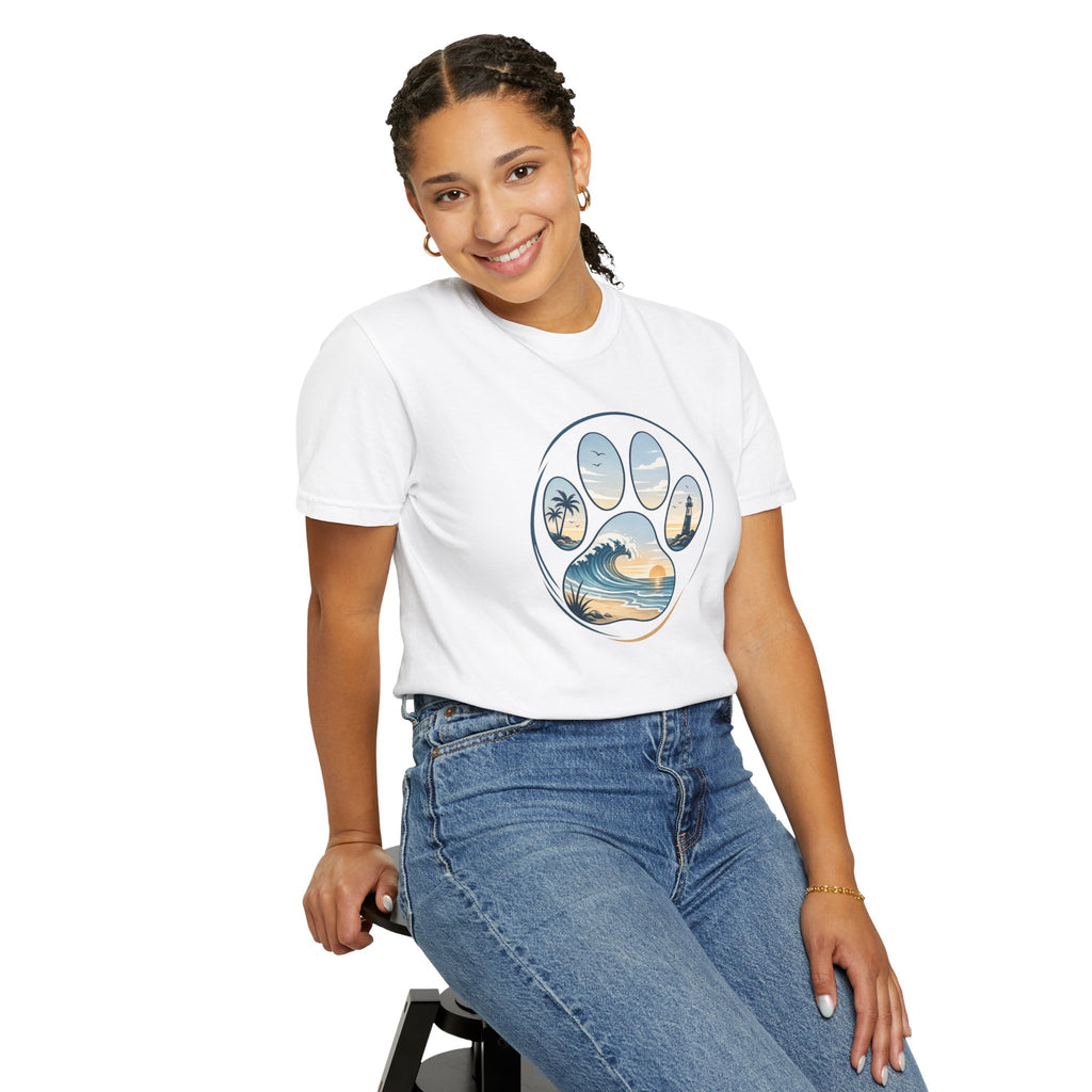 Ocean Paw Surf T-Shirt — Beach Sunset Paw Print Tee