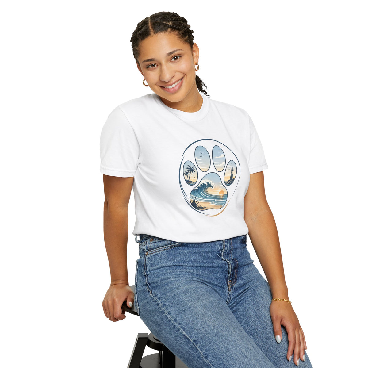 Ocean Paw Surf T-Shirt — Beach Sunset Paw Print Tee