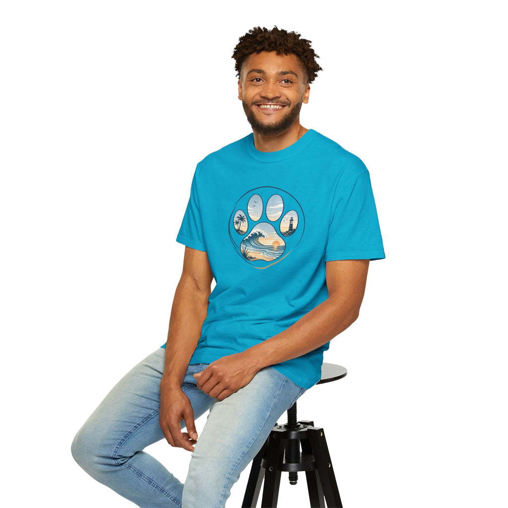 Ocean Paw Surf T-Shirt — Beach Sunset Paw Print Tee