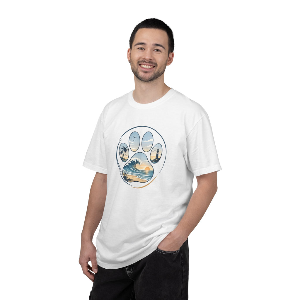 Ocean Paw Surf T-Shirt — Beach Sunset Paw Print Tee
