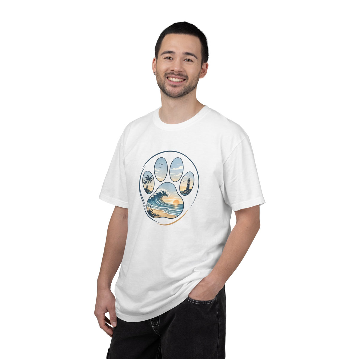 Ocean Paw Surf T-Shirt — Beach Sunset Paw Print Tee