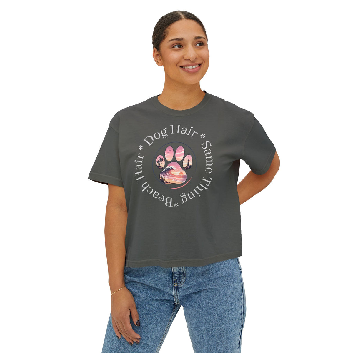 Boxy Tee "Beach Hair, Dog Hair, Same Thing" Paw Graphic