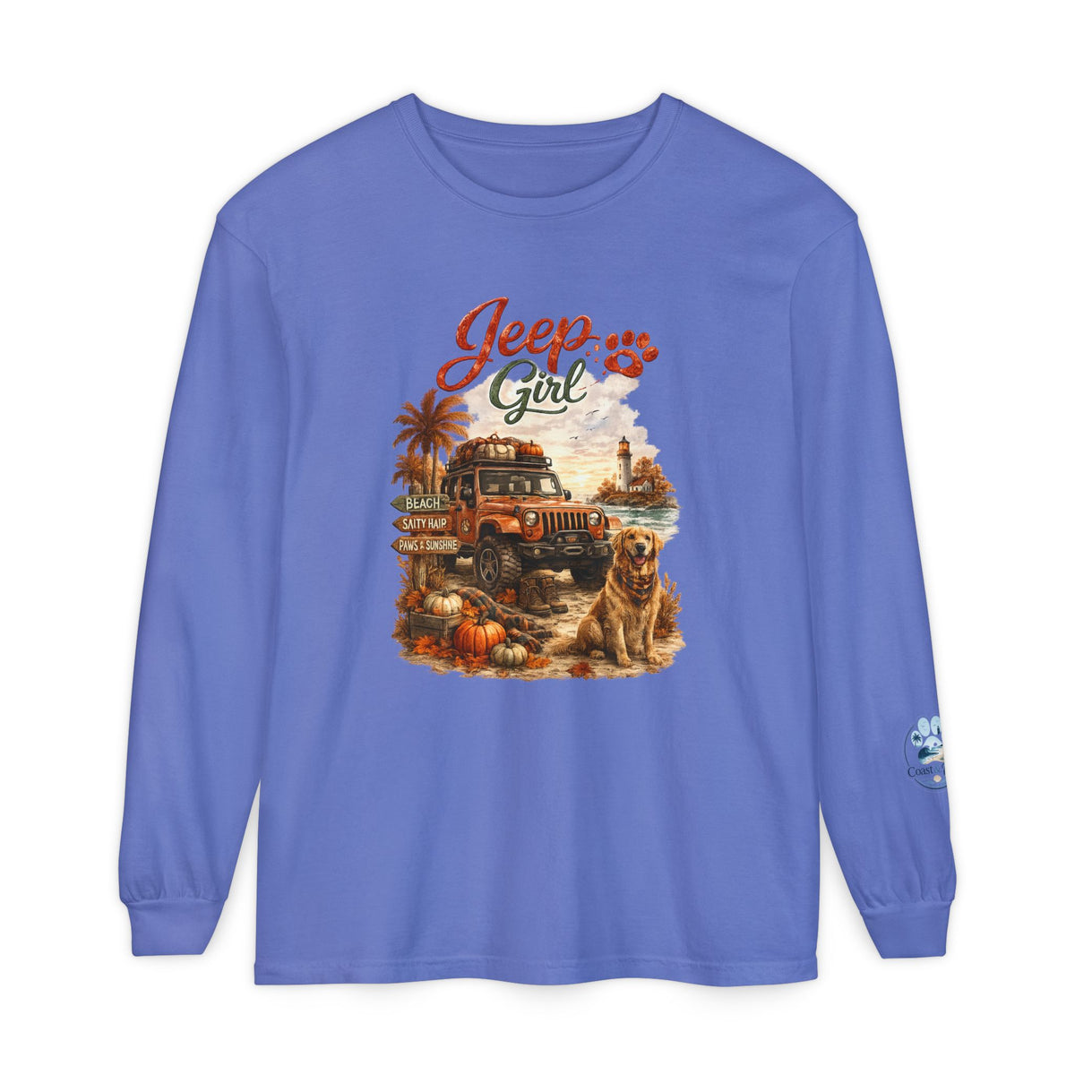 Jeep Girl Long Sleeve Tee — Fall Adventure Pumpkins & Dog Graphic