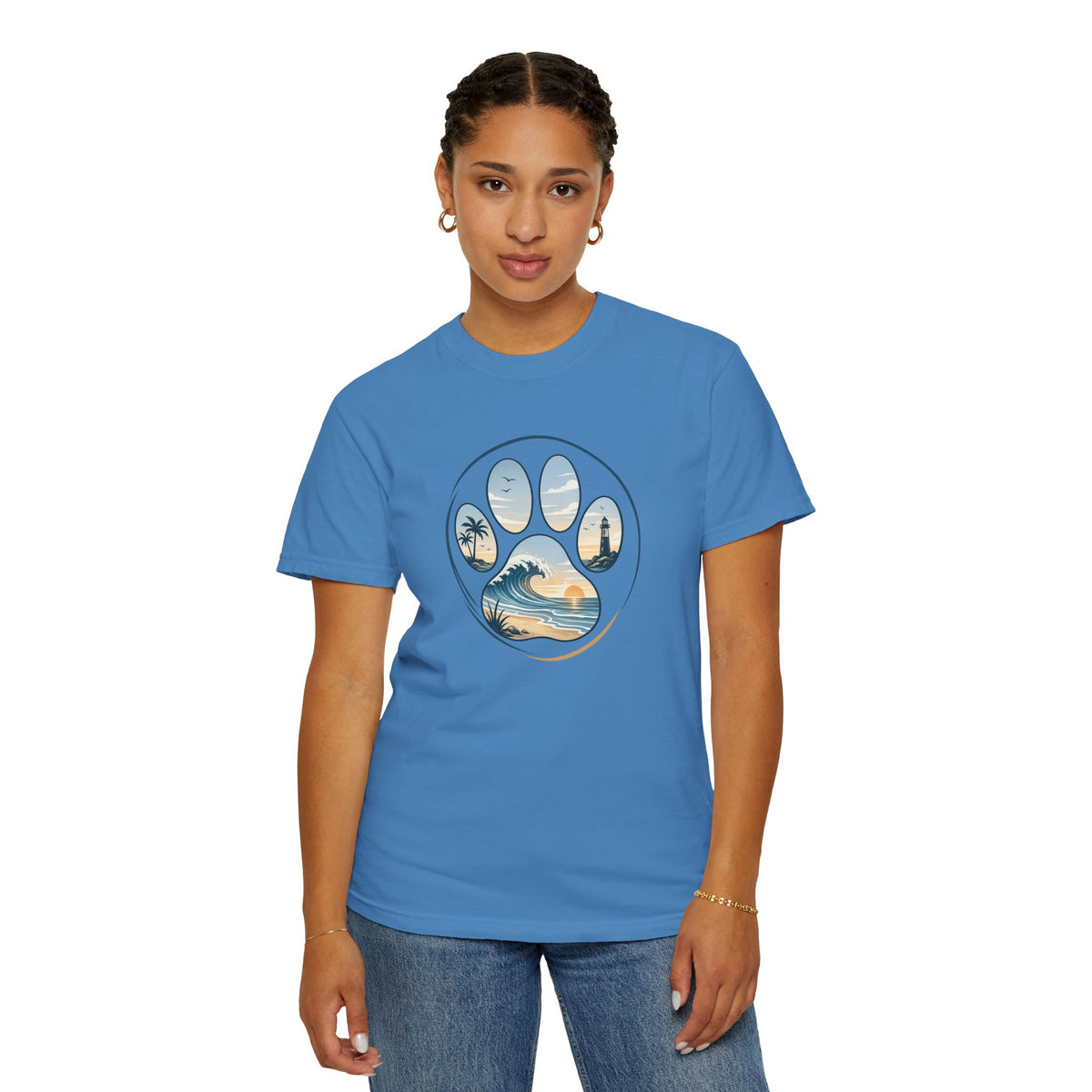 Ocean Paw Surf T-Shirt — Beach Sunset Paw Print Tee