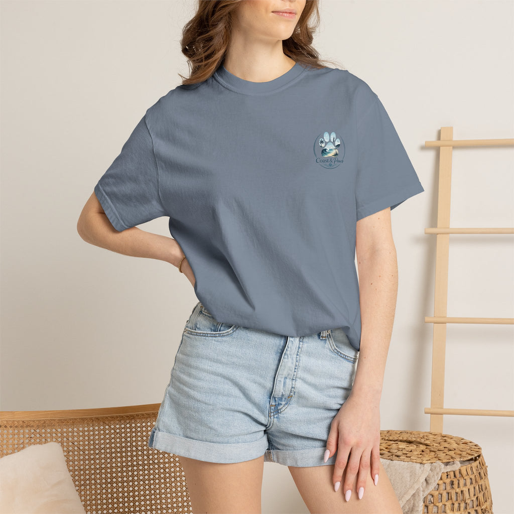 Paws Tides & Good Vibes T-Shirt | Beach Dog Paw Print Coastal Scene