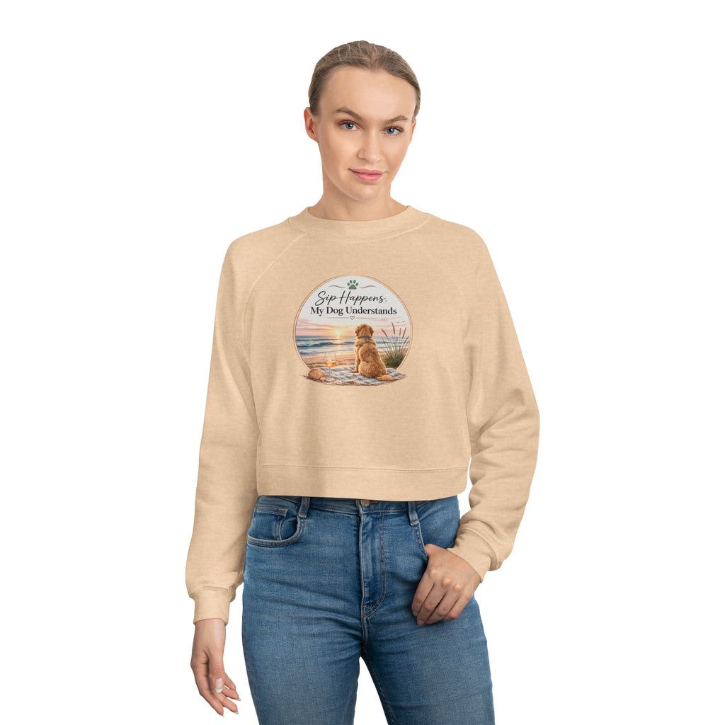 Cropped Pullover – Golden Retriever Beach "Sip Happens My Dog Understands" Graphic