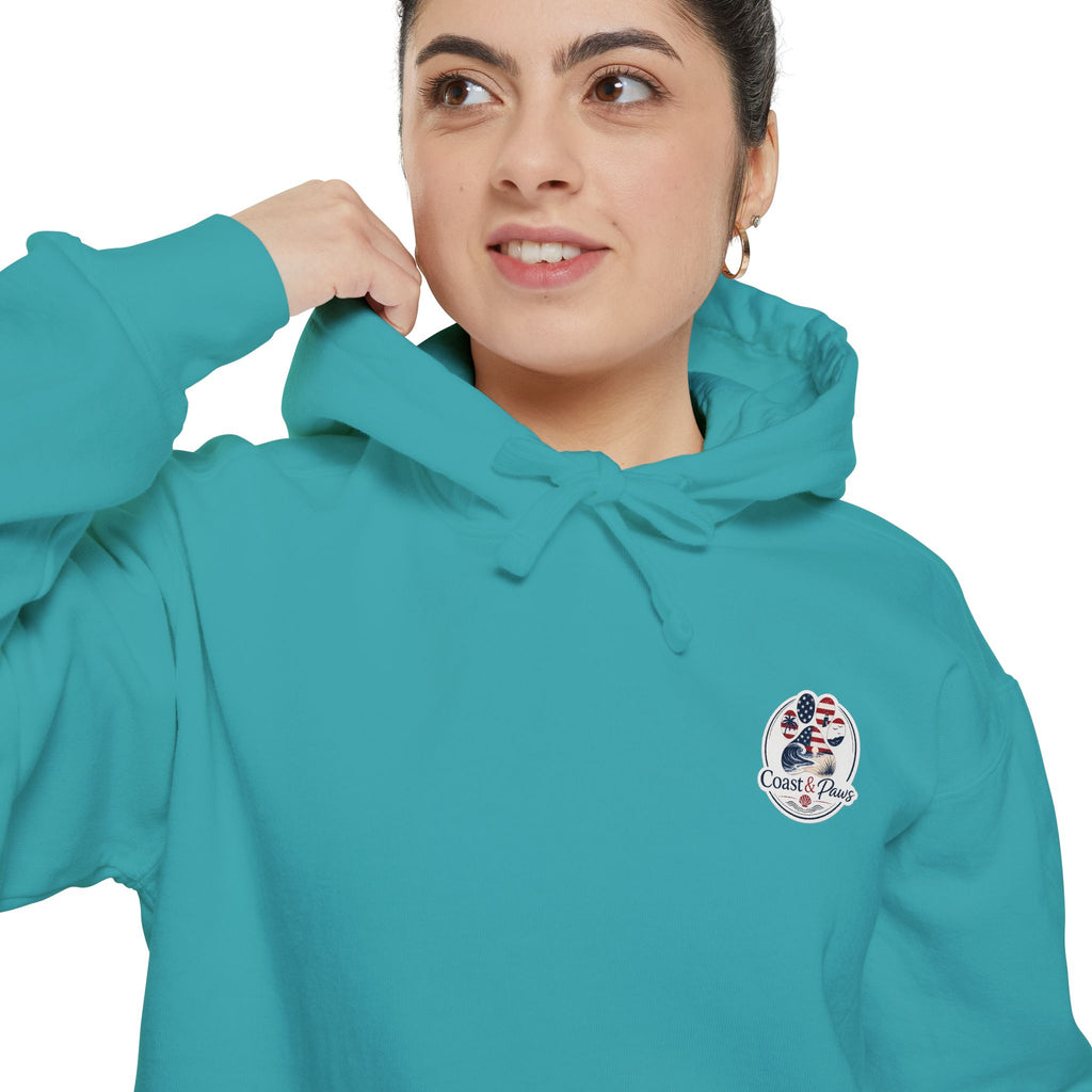 Patriotic Signature Coast & Paws Hoodie — Small Left-Chest Graphic, Cozy Casual Pullover