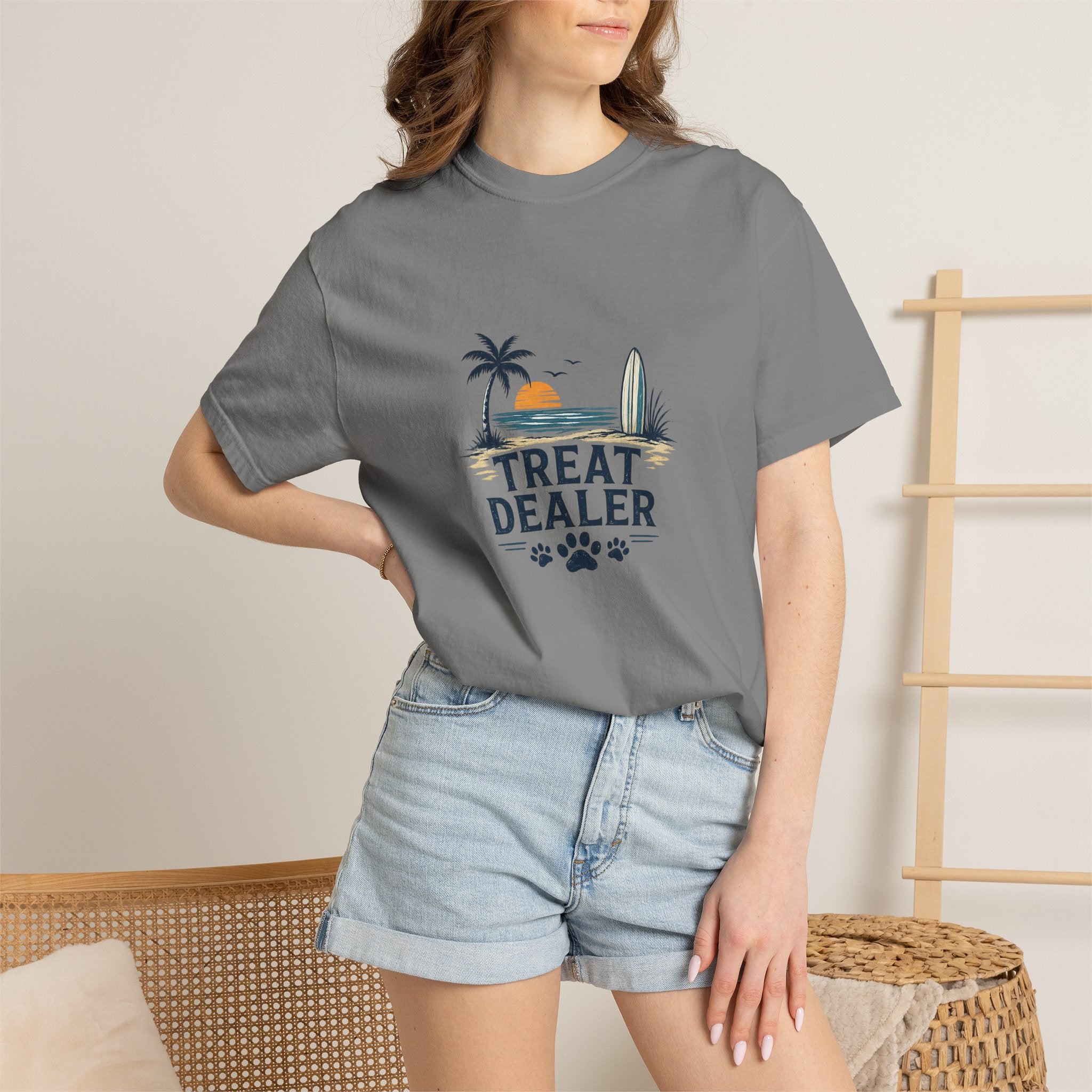 Treat Dealer Beach T-Shirt — Cute Dog Paw Surf Graphic