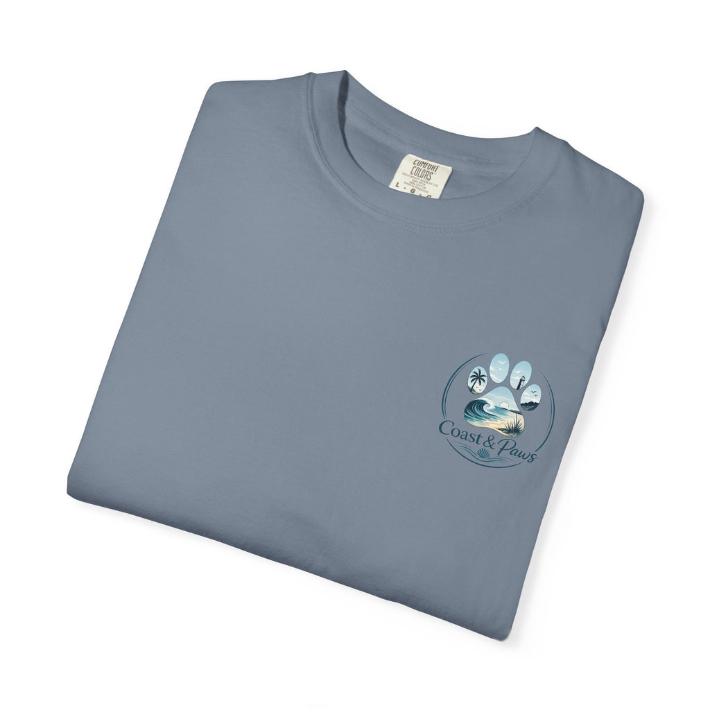 Paws Tides & Good Vibes T-Shirt | Beach Dog Paw Print Coastal Scene