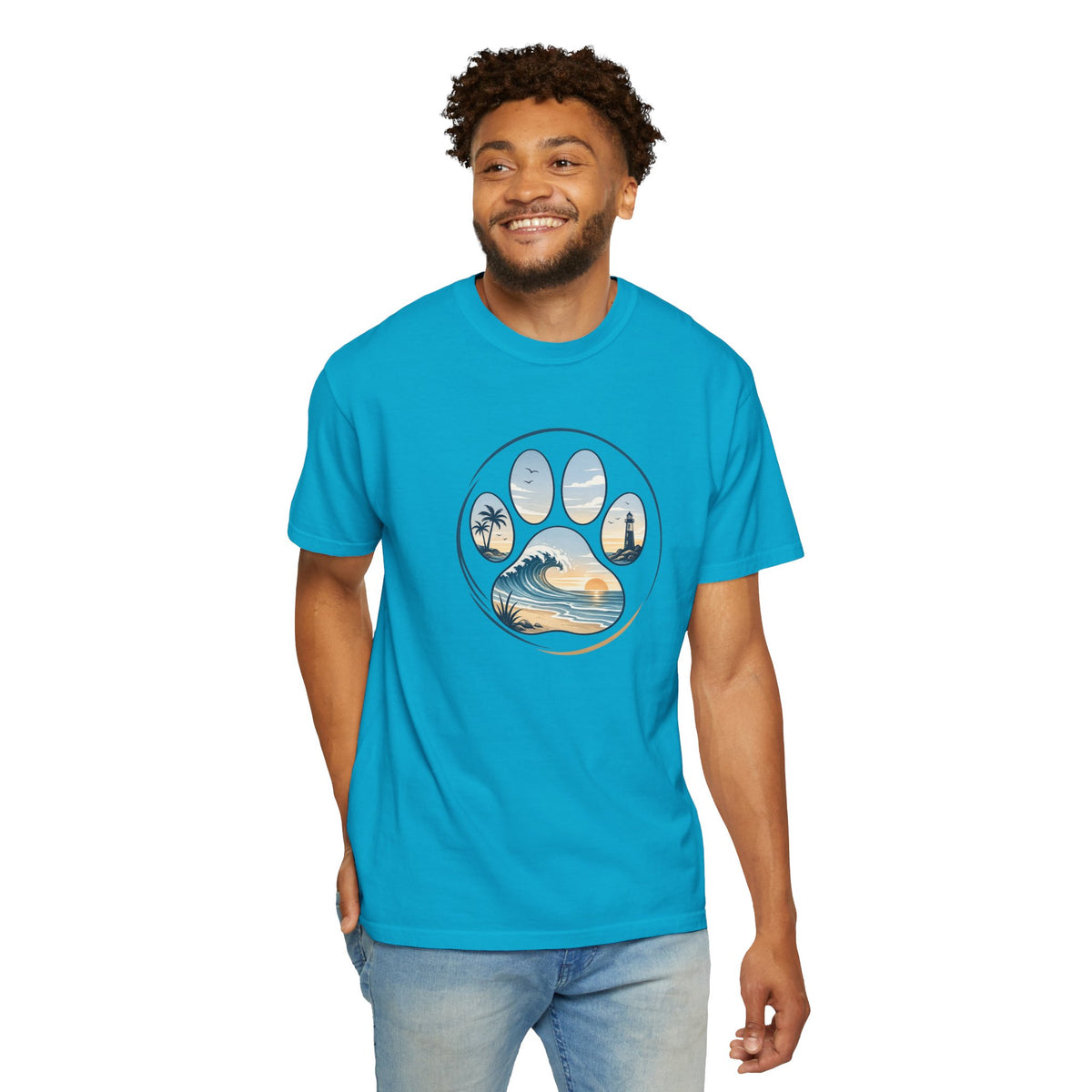 Ocean Paw Surf T-Shirt — Beach Sunset Paw Print Tee