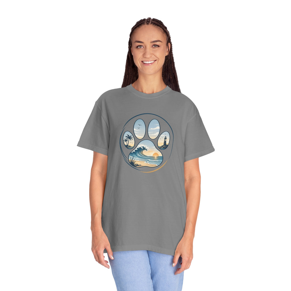 Ocean Paw Surf T-Shirt — Beach Sunset Paw Print Tee