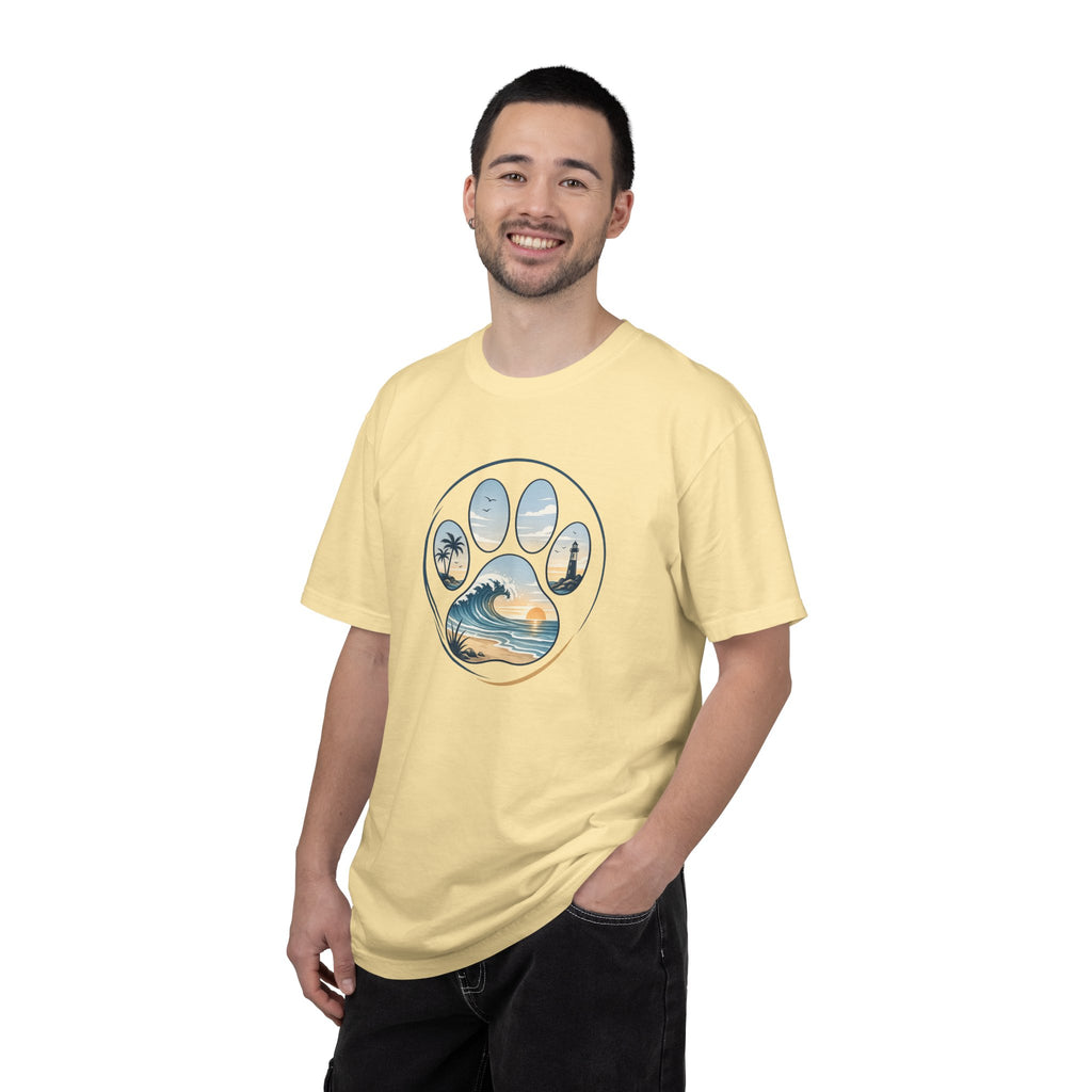 Ocean Paw Surf T-Shirt — Beach Sunset Paw Print Tee