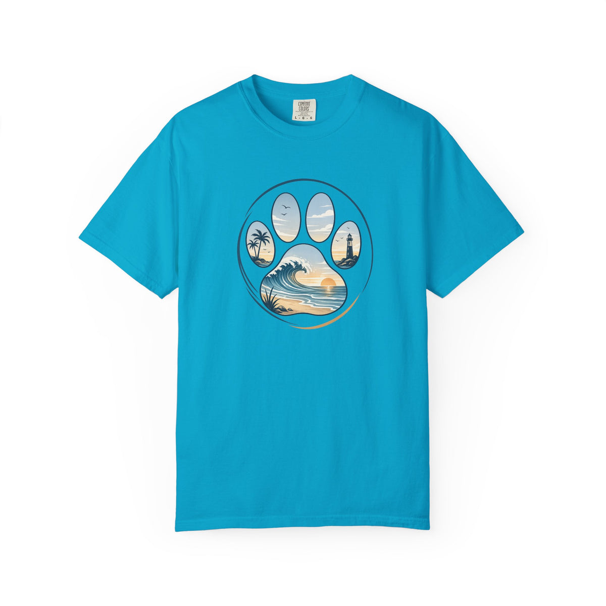 Ocean Paw Surf T-Shirt — Beach Sunset Paw Print Tee