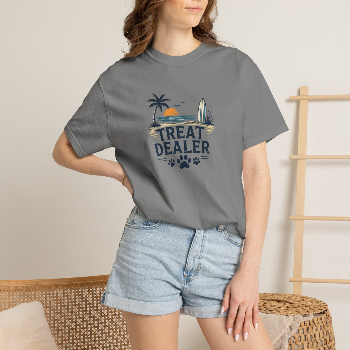 Treat Dealer Beach T-Shirt — Cute Dog Paw Surf Graphic