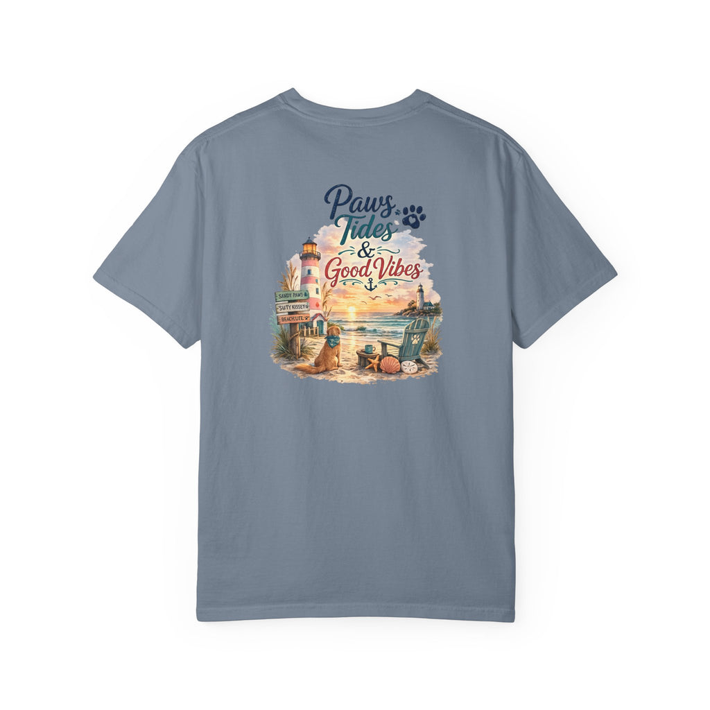 Paws Tides & Good Vibes T-Shirt | Beach Dog Paw Print Coastal Scene