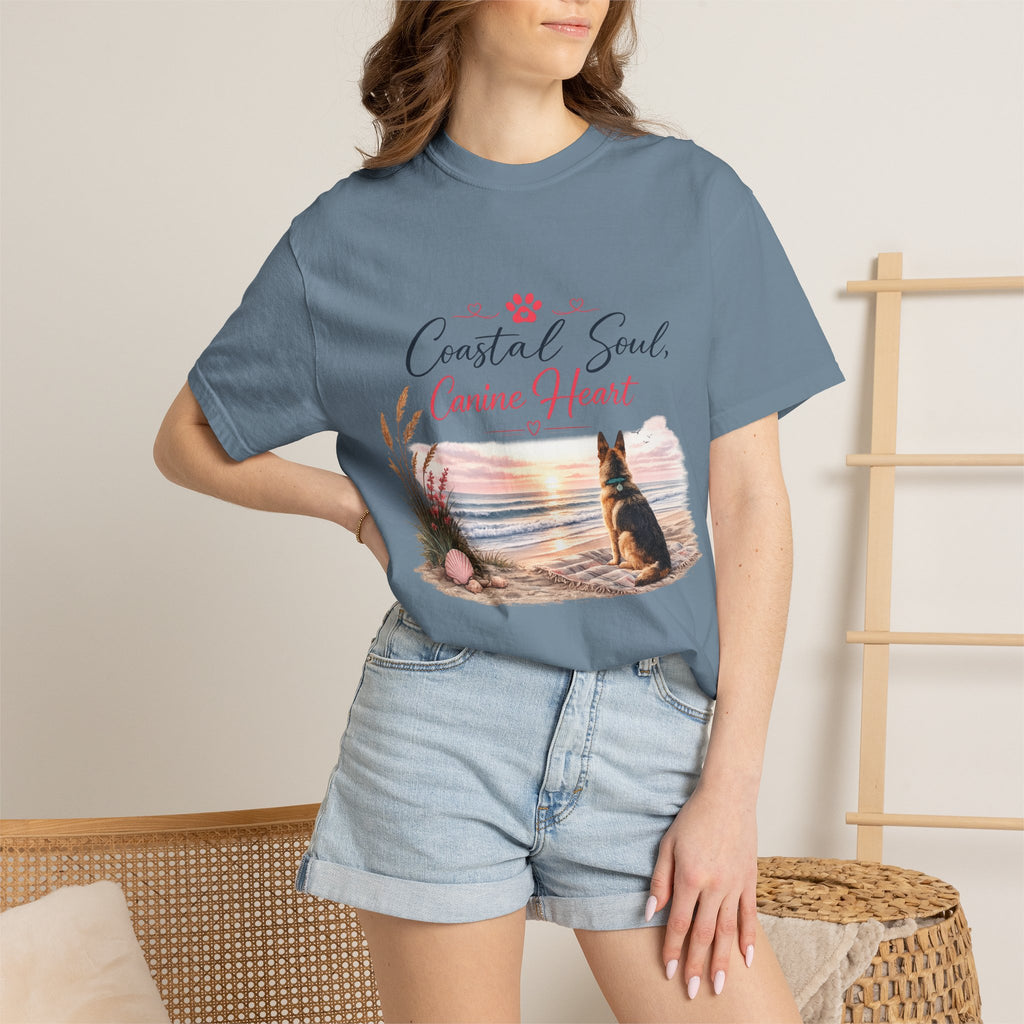 Coastal Soul Canine Heart T-shirt | Beach Dog Sunset Design