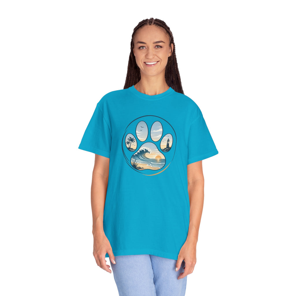 Ocean Paw Surf T-Shirt — Beach Sunset Paw Print Tee