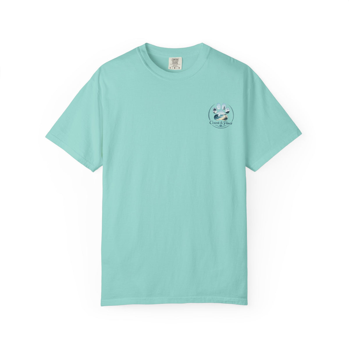 Paws Tides & Good Vibes T-Shirt | Beach Dog Paw Print Coastal Scene