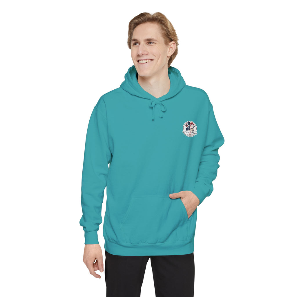 Patriotic Signature Coast & Paws Hoodie — Small Left-Chest Graphic, Cozy Casual Pullover