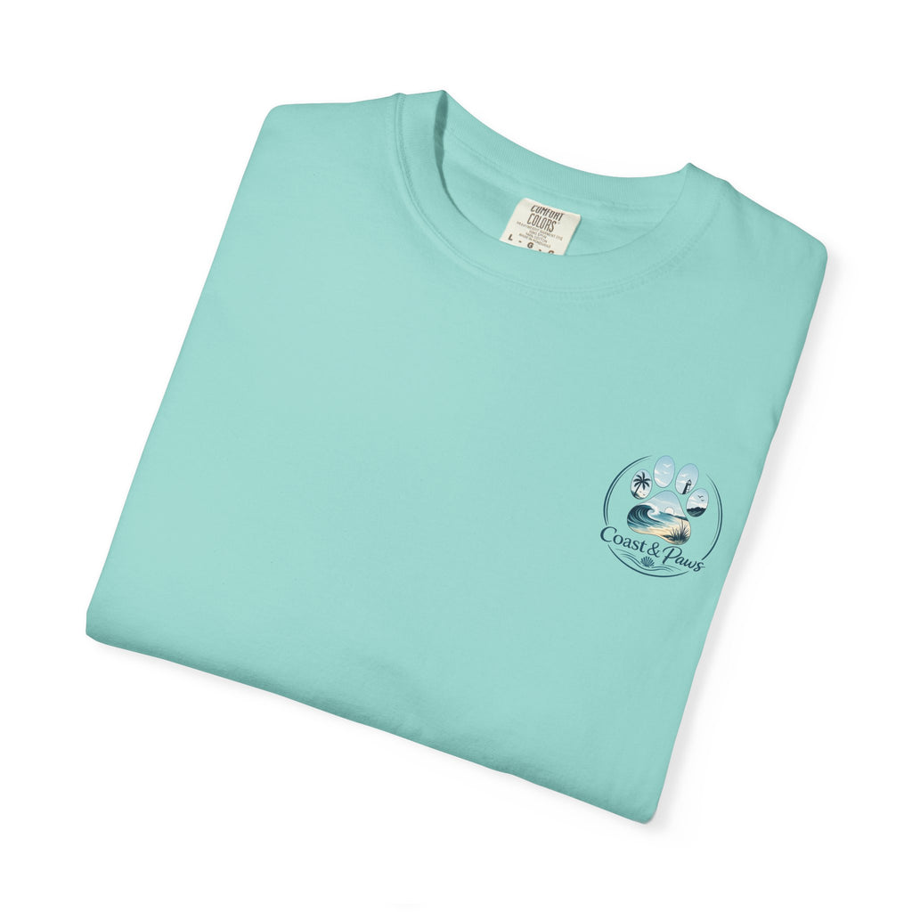 Paws Tides & Good Vibes T-Shirt | Beach Dog Paw Print Coastal Scene