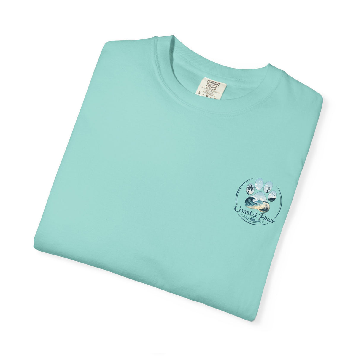 Paws Tides & Good Vibes T-Shirt | Beach Dog Paw Print Coastal Scene