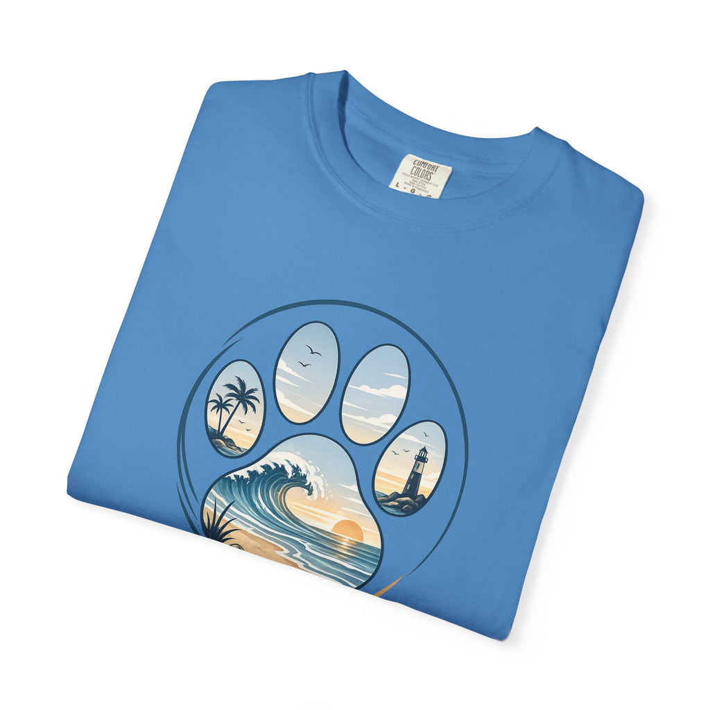 Ocean Paw Surf T-Shirt — Beach Sunset Paw Print Tee