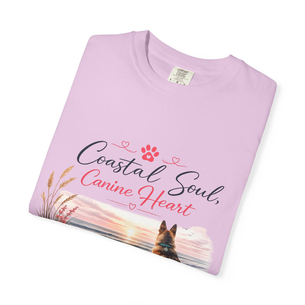 Coastal Soul Canine Heart T-shirt | Beach Dog Sunset Design