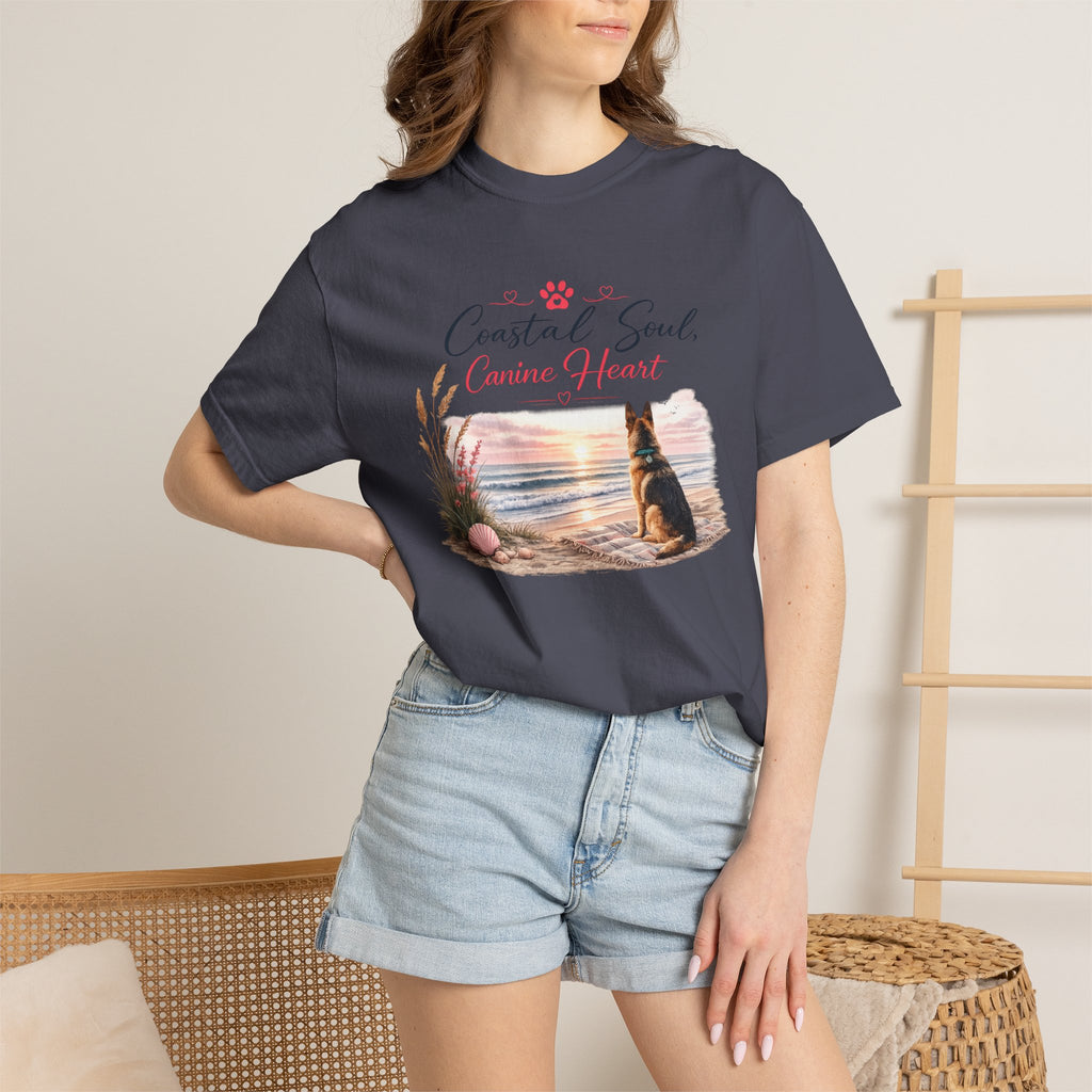 Coastal Soul Canine Heart T-shirt | Beach Dog Sunset Design