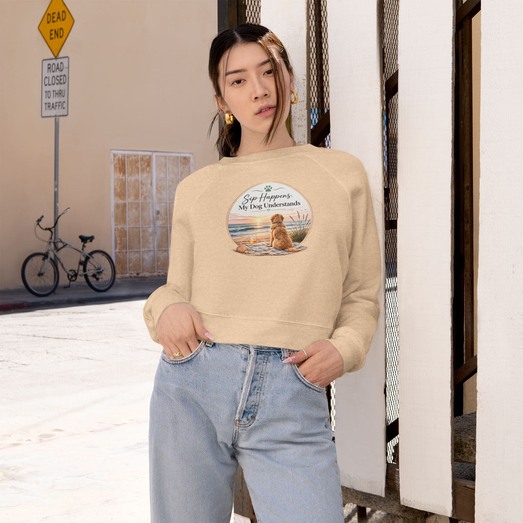 Cropped Pullover – Golden Retriever Beach "Sip Happens My Dog Understands" Graphic