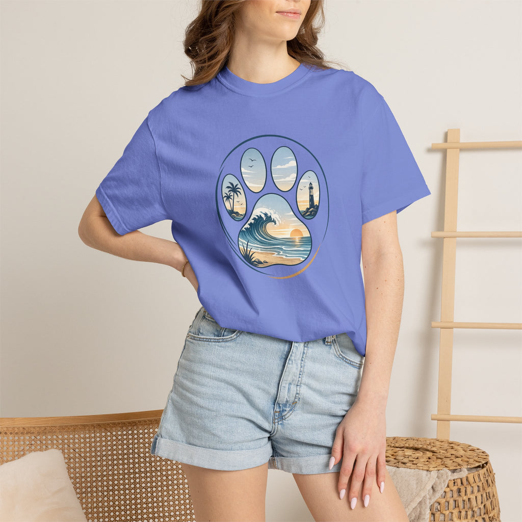 Ocean Paw Surf T-Shirt — Beach Sunset Paw Print Tee