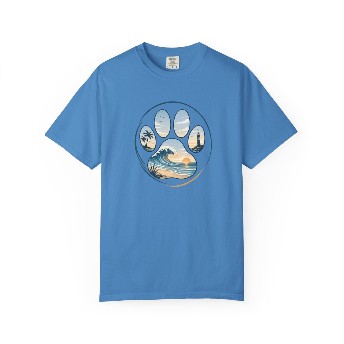 Ocean Paw Surf T-Shirt — Beach Sunset Paw Print Tee