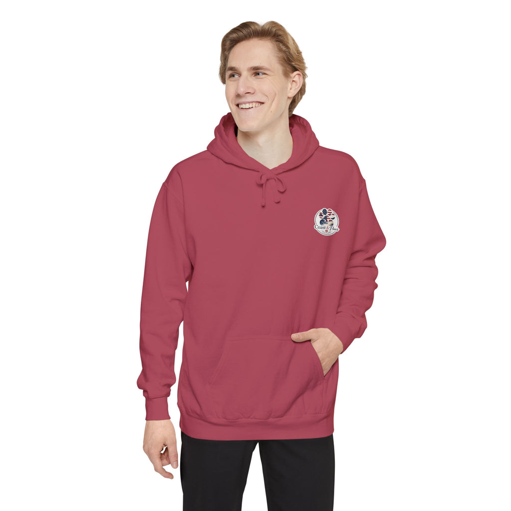Patriotic Signature Coast & Paws Hoodie — Small Left-Chest Graphic, Cozy Casual Pullover