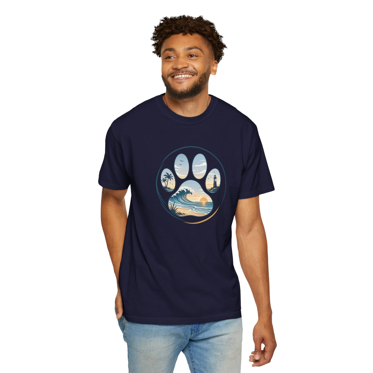 Ocean Paw Surf T-Shirt — Beach Sunset Paw Print Tee