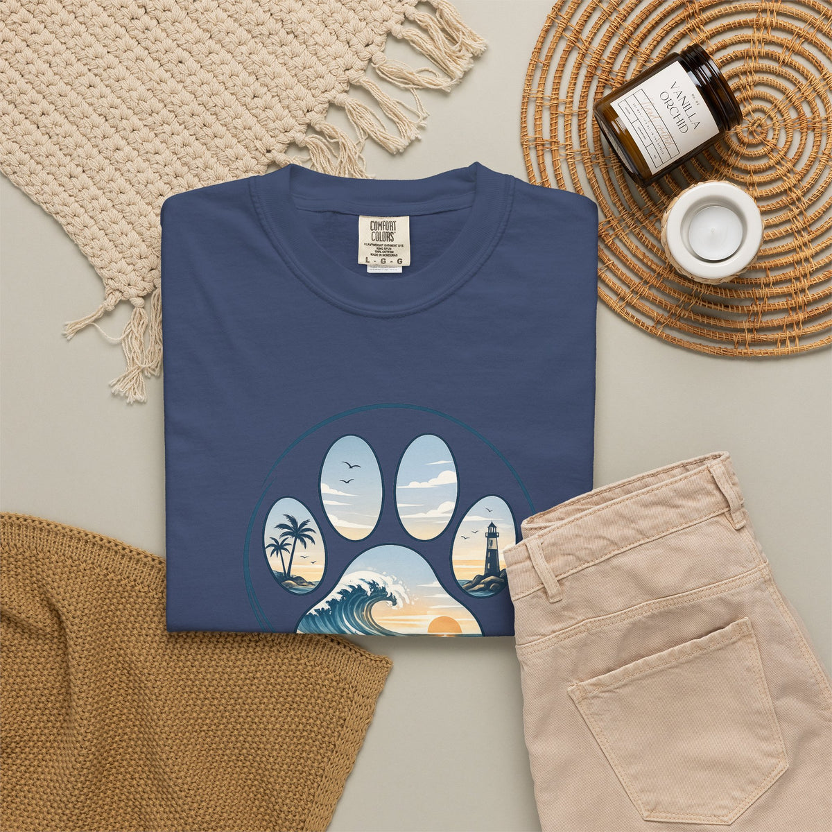 Ocean Paw Surf T-Shirt — Beach Sunset Paw Print Tee