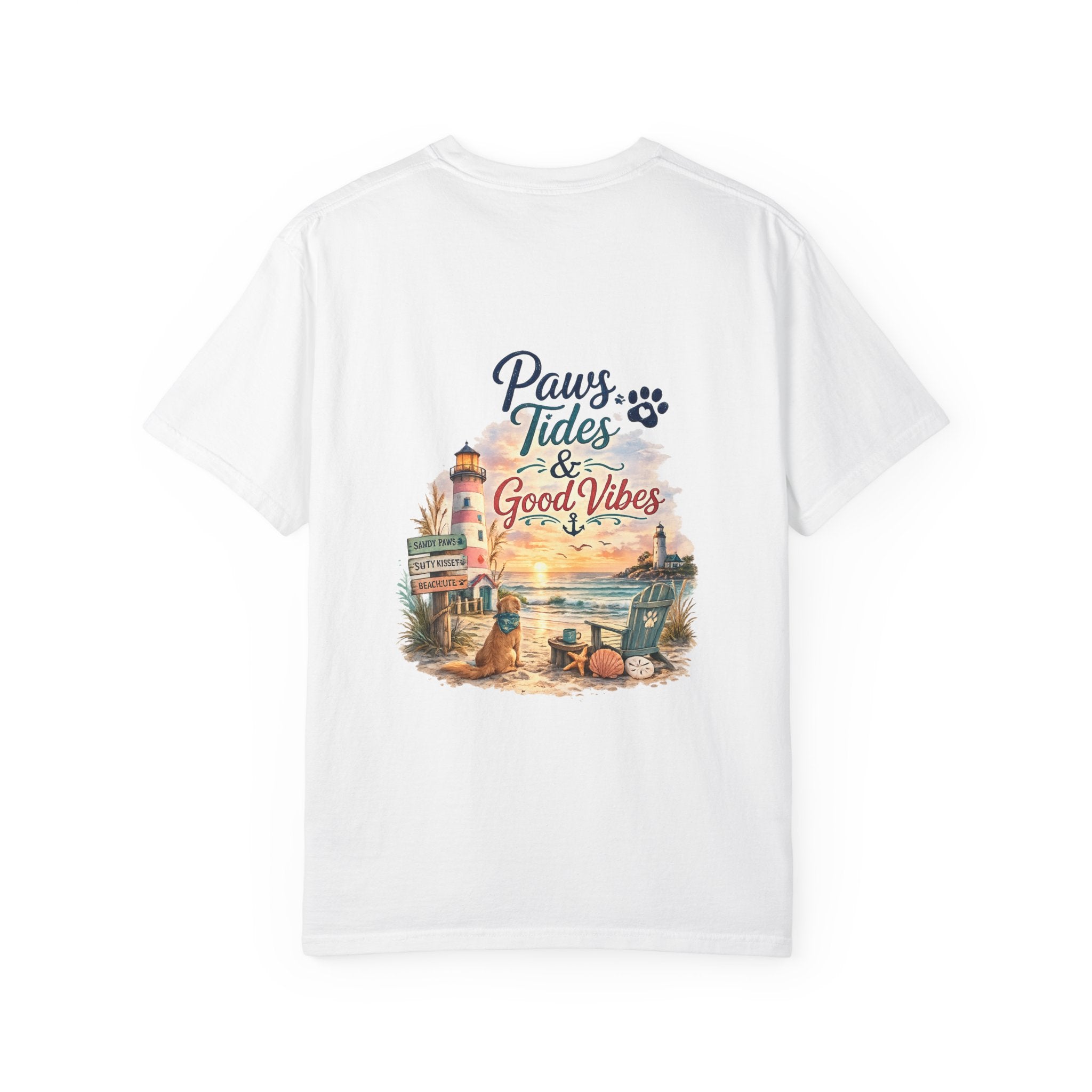 Paws Tides & Good Vibes T-Shirt | Beach Dog Paw Print Coastal Scene