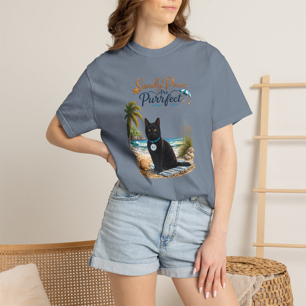 Sandy Paws Are Purrfect - Comfort Colors Unisex Garment Dyed Cat Beach T-Shirt