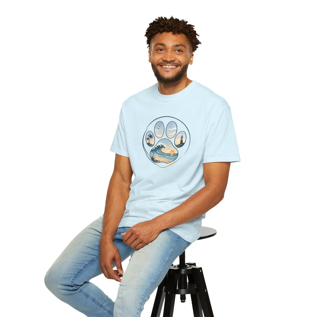 Ocean Paw Surf T-Shirt — Beach Sunset Paw Print Tee