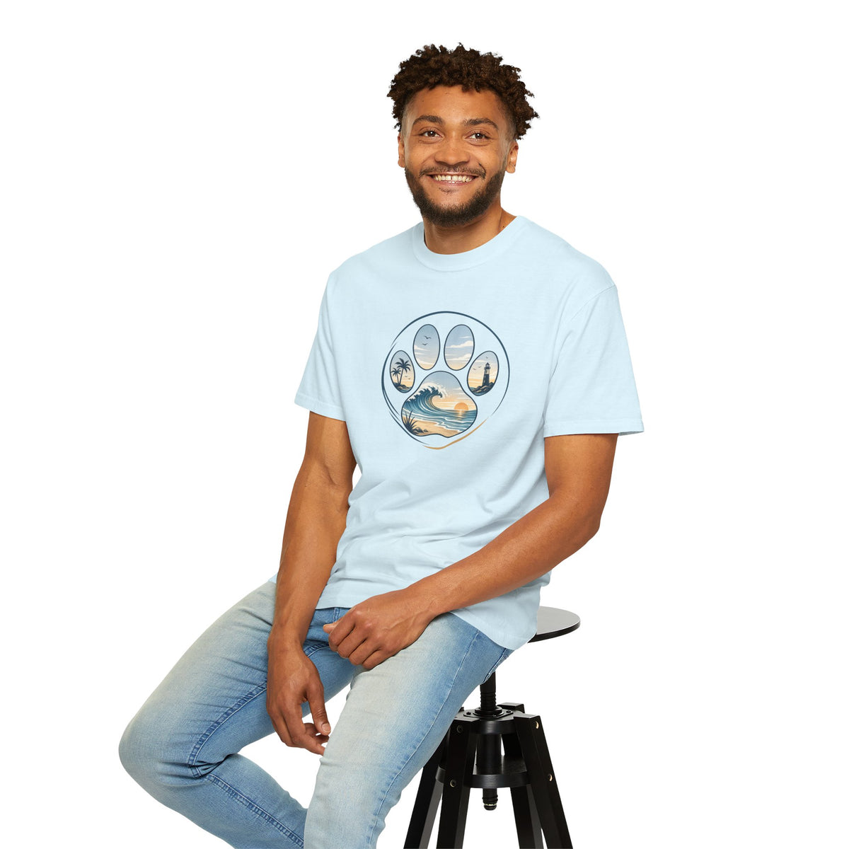 Ocean Paw Surf T-Shirt — Beach Sunset Paw Print Tee
